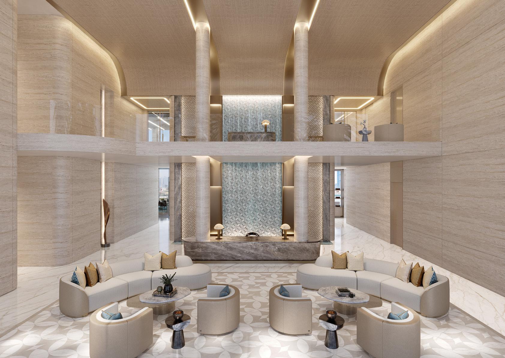 Elegant living room in a Casa Canal residence featuring high-end finishes, floor-to-ceiling windows, and direct access to a private pool terrace starting from AED 22.5 million